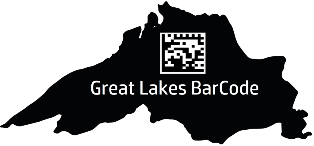 Great Lakes Barcode logo with picture of lake superior and 2d bar code
